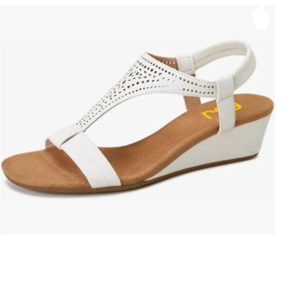 FSJ White Open Toe Low Wedge Heel T-Strap Comfy Padded Sole Ankle Strap Sandals - Picture 1 of 8
